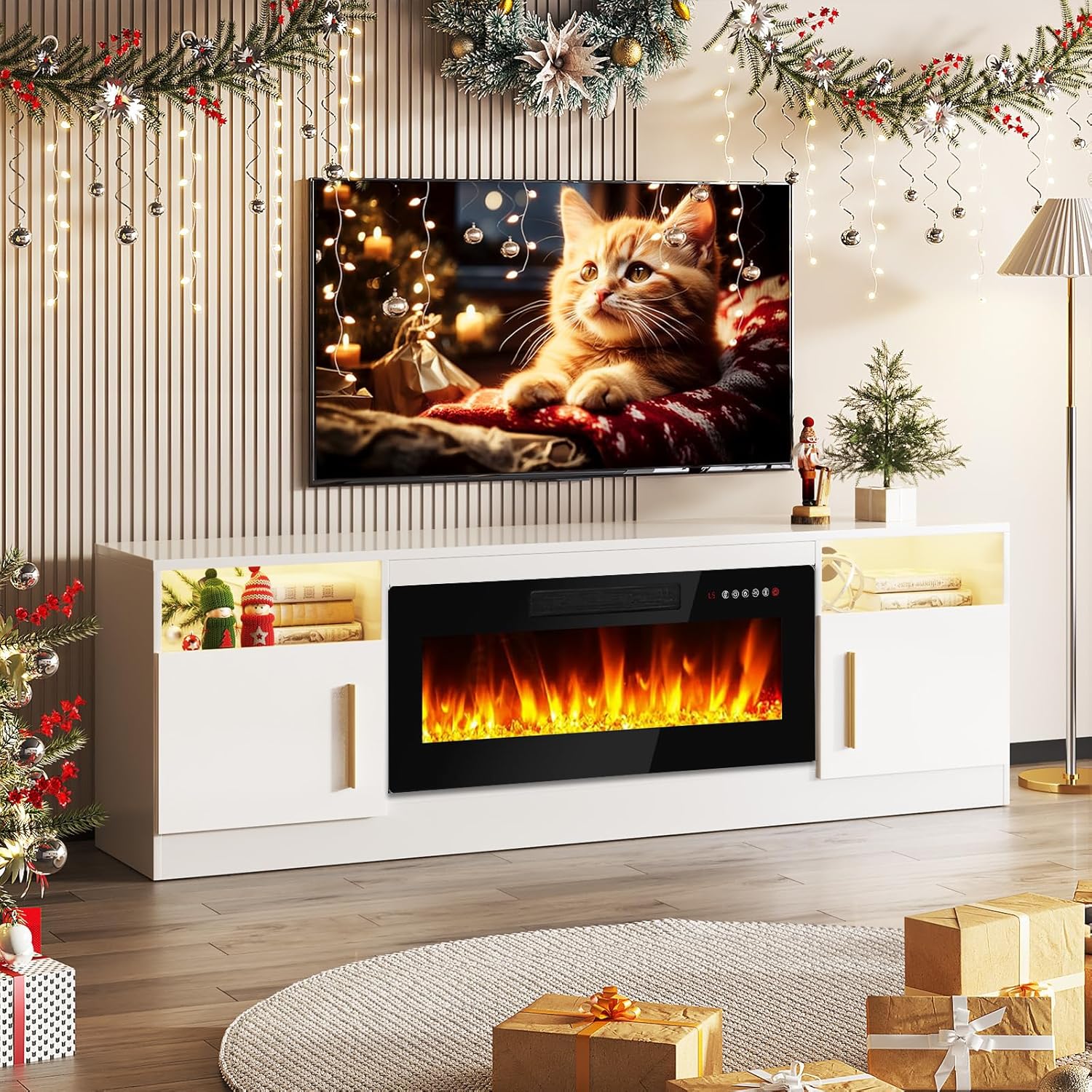 Fireplace TV Stand Entertainment Center with 36" Fireplace, 70" Wooden TV Stand for TVs Up to 80",Media TV Console with High Gloss Storage Cabinet and 16 Colors LED Lights (White)💋