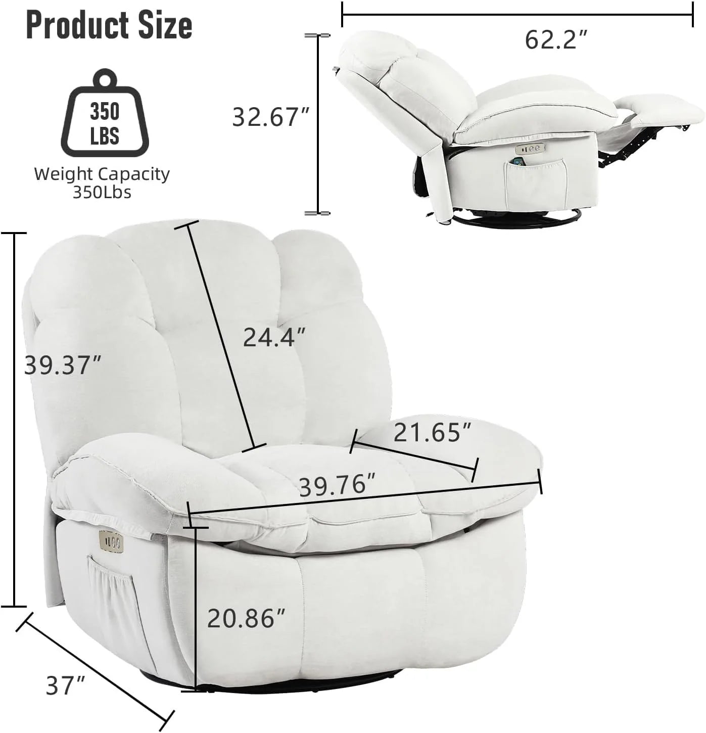 Power Recliner Chair, Massage Rocker Recliner Chairs for Adults with Heated, Oversized Rocker Swivel Chairs for Living Room, Comfy Nursery Rocking Chairs with USB-C Ports and Side Pocket, White🏆