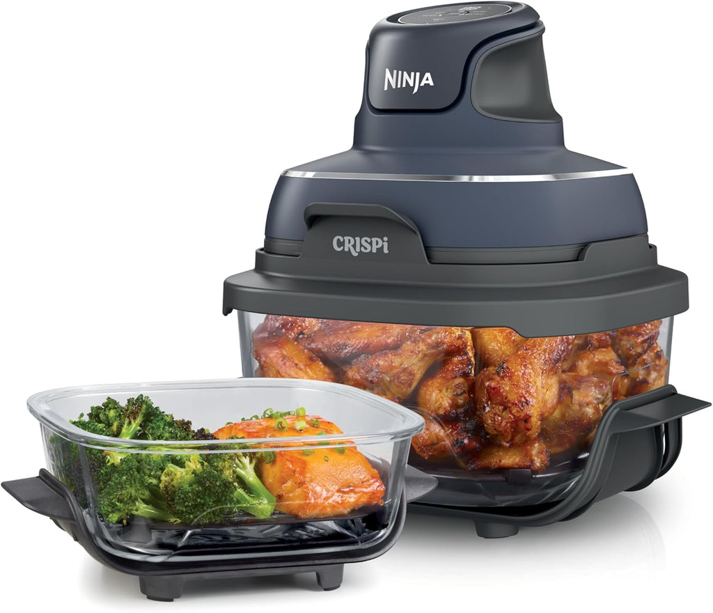 4-in-1 Portable Glass Air Fryer Cooking System, 1500W, 4QT & 6-Cup TempWare Glass Containers with Storage Lids, Microwave, Freezer & Dishwasher Safe, Cyberspace Gray, FN101GY💋