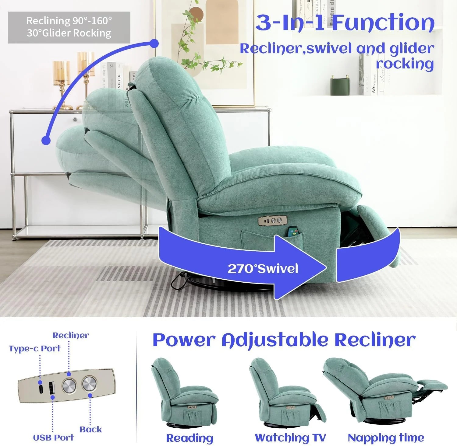 Power Recliner Chair, Massage Rocker Recliner Chairs for Adults with Heated, Oversized Rocker Swivel Chairs for Living Room, Comfy Nursery Rocking Chairs with USB-C Ports and Side Pocket, White🏆