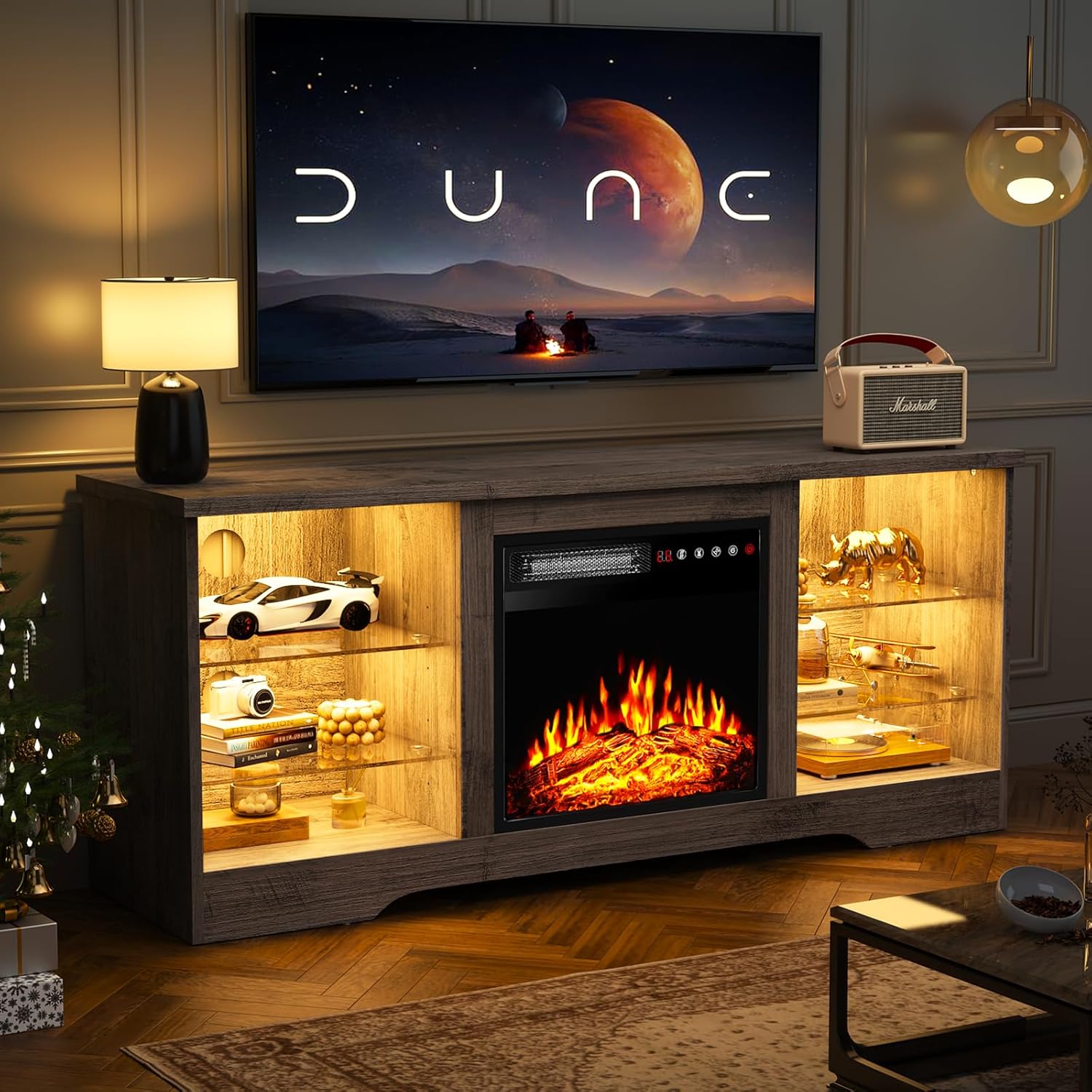 Fireplace TV Stand Entertainment Center with 36" Fireplace, 70" Wooden TV Stand for TVs Up to 80",Media TV Console with High Gloss Storage Cabinet and 16 Colors LED Lights (White)💋