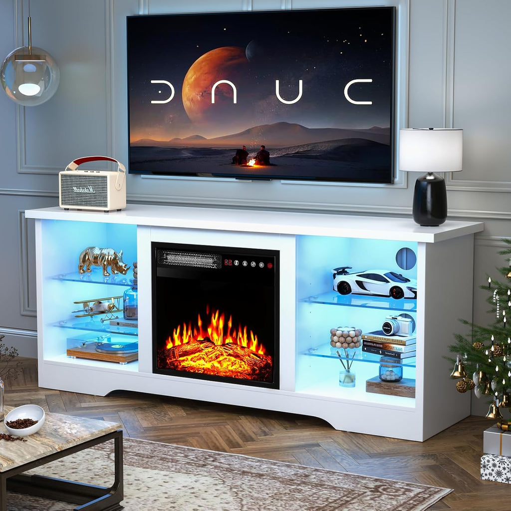 Fireplace TV Stand Entertainment Center with 36" Fireplace, 70" Wooden TV Stand for TVs Up to 80",Media TV Console with High Gloss Storage Cabinet and 16 Colors LED Lights (White)💋