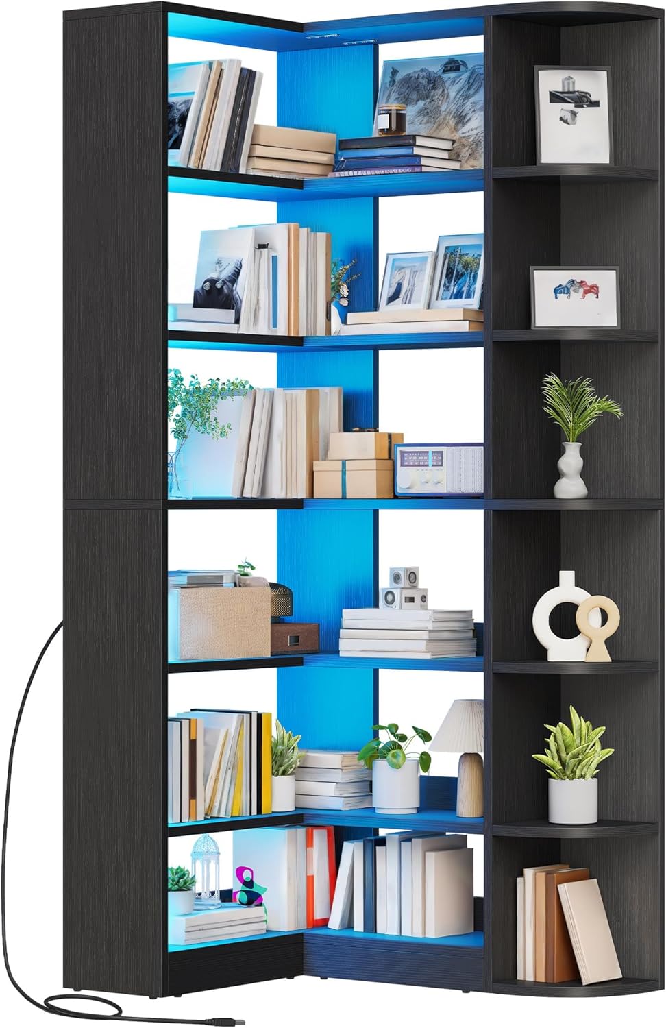Corner Bookshelf with LED Light, White Bookshelf 6 Tier Corner Shelf L-Shaped Bookcase Storage Display Shelf for Home Office, Living Room, White🏆