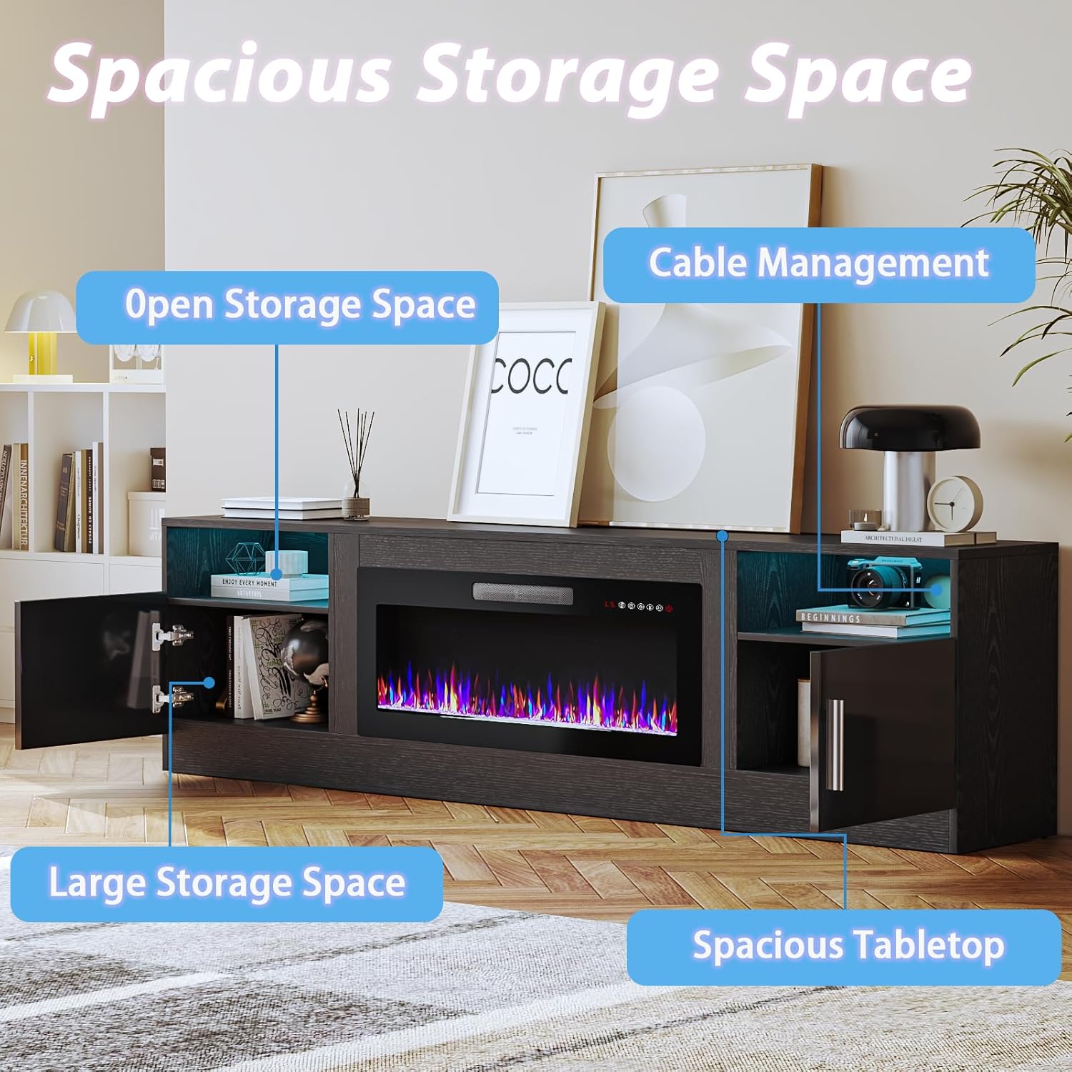 Fireplace TV Stand Entertainment Center with 36" Fireplace, 70" Wooden TV Stand for TVs Up to 80",Media TV Console with High Gloss Storage Cabinet and 16 Colors LED Lights (White)💋