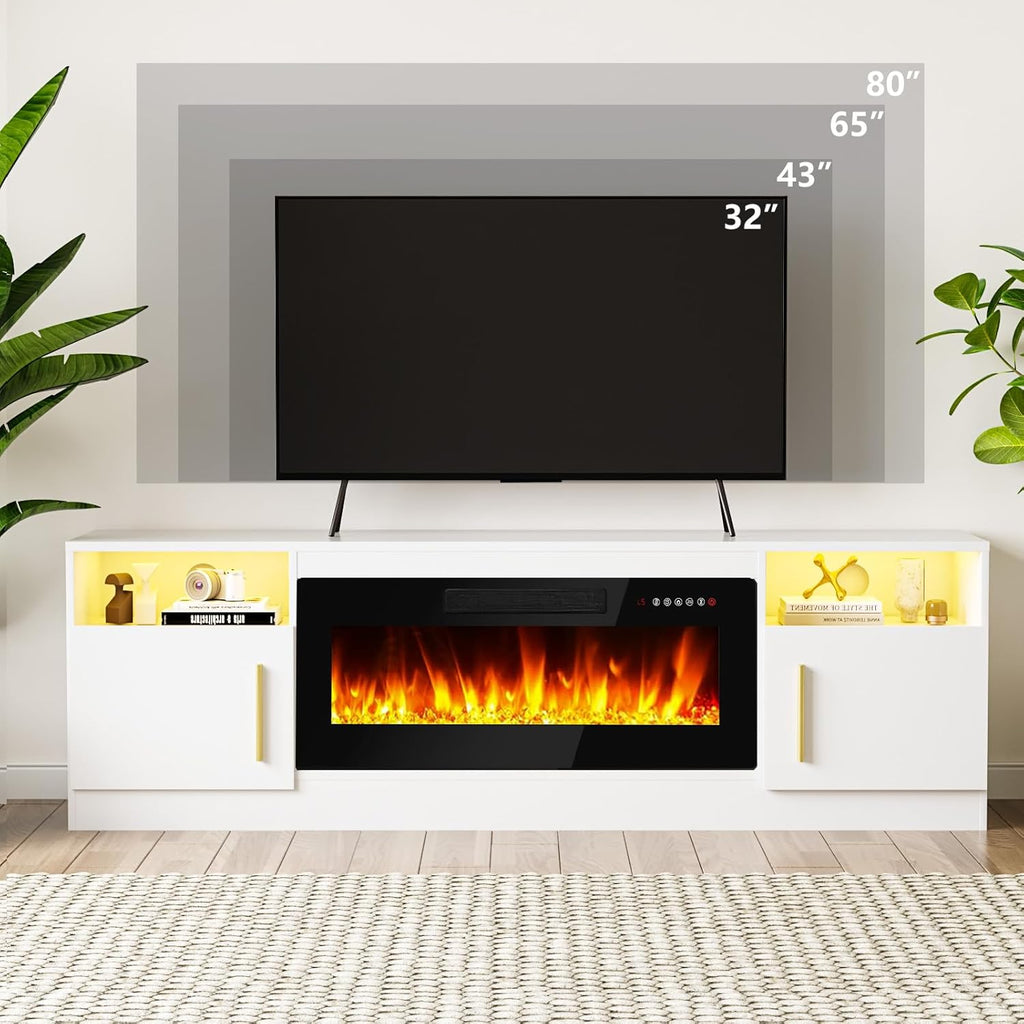 Fireplace TV Stand Entertainment Center with 36" Fireplace, 70" Wooden TV Stand for TVs Up to 80",Media TV Console with High Gloss Storage Cabinet and 16 Colors LED Lights (White)💋