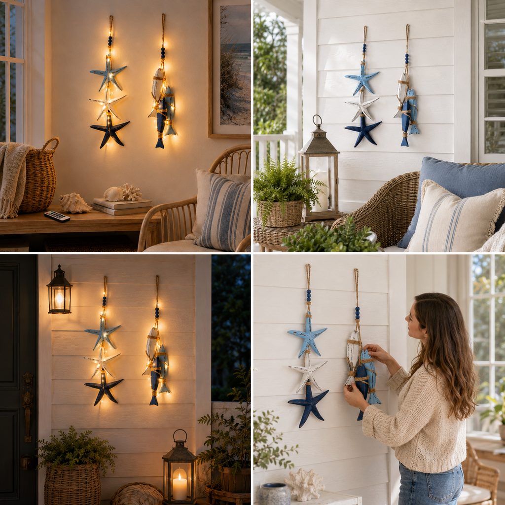 ⭐2026 HOT SALE🐟🌊Lighted Coastal Wooden Starfish & Fish Hanging Decor🏆