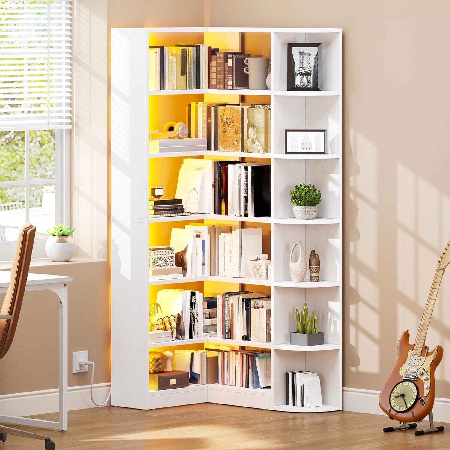 Corner Bookshelf with LED Light, White Bookshelf 6 Tier Corner Shelf L-Shaped Bookcase Storage Display Shelf for Home Office, Living Room, White🏆