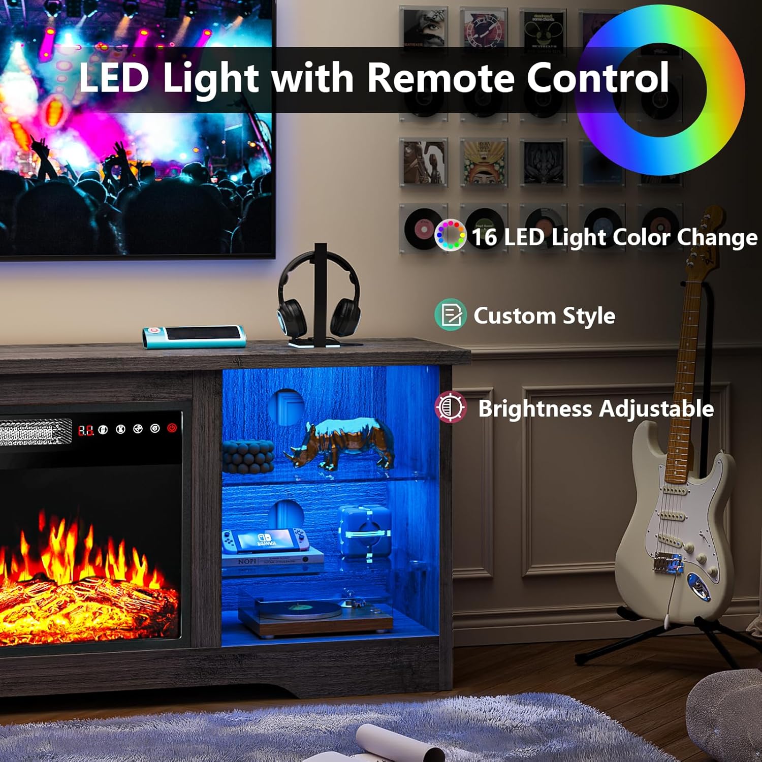 Fireplace TV Stand Entertainment Center with 36" Fireplace, 70" Wooden TV Stand for TVs Up to 80",Media TV Console with High Gloss Storage Cabinet and 16 Colors LED Lights (White)💋