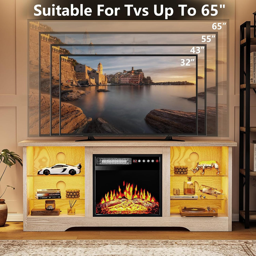 Fireplace TV Stand Entertainment Center with 36" Fireplace, 70" Wooden TV Stand for TVs Up to 80",Media TV Console with High Gloss Storage Cabinet and 16 Colors LED Lights (White)💋