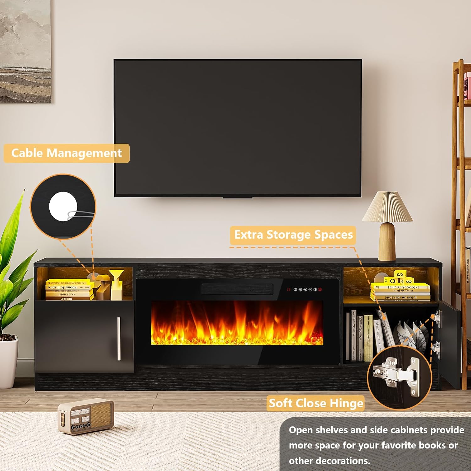 Fireplace TV Stand Entertainment Center with 36" Fireplace, 70" Wooden TV Stand for TVs Up to 80",Media TV Console with High Gloss Storage Cabinet and 16 Colors LED Lights (White)💋
