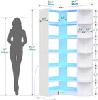 Corner Bookshelf with LED Light, White Bookshelf 6 Tier Corner Shelf L-Shaped Bookcase Storage Display Shelf for Home Office, Living Room, White🏆