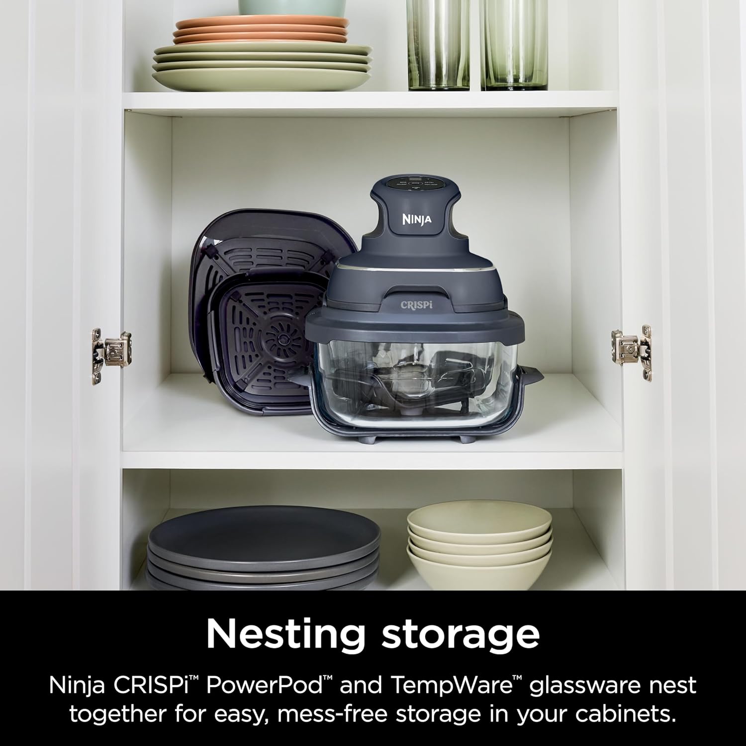 4-in-1 Portable Glass Air Fryer Cooking System, 1500W, 4QT & 6-Cup TempWare Glass Containers with Storage Lids, Microwave, Freezer & Dishwasher Safe, Cyberspace Gray, FN101GY💋