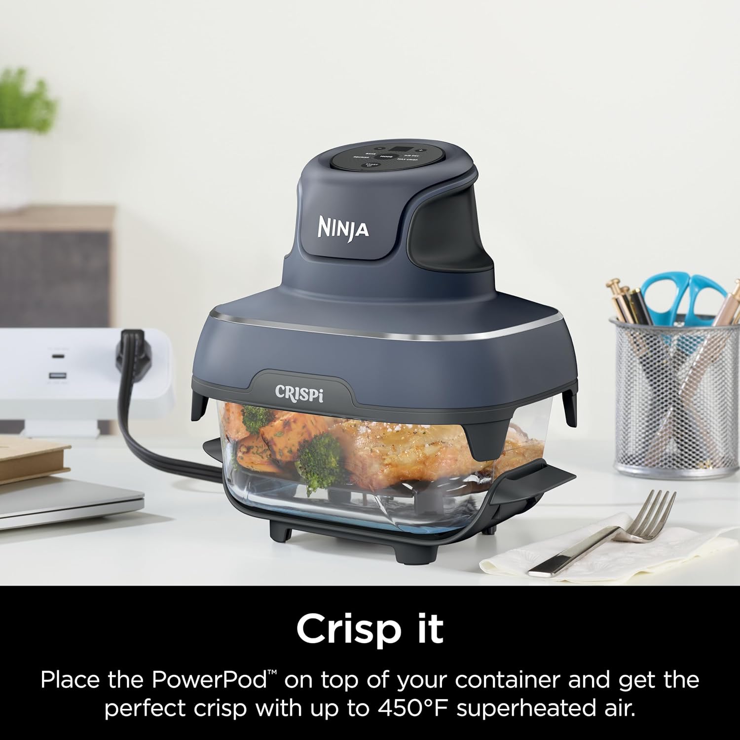 4-in-1 Portable Glass Air Fryer Cooking System, 1500W, 4QT & 6-Cup TempWare Glass Containers with Storage Lids, Microwave, Freezer & Dishwasher Safe, Cyberspace Gray, FN101GY💋