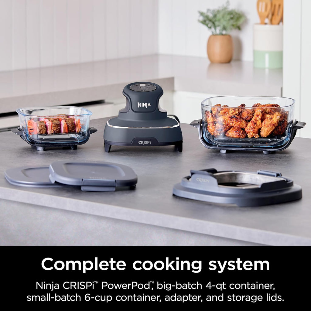 4-in-1 Portable Glass Air Fryer Cooking System, 1500W, 4QT & 6-Cup TempWare Glass Containers with Storage Lids, Microwave, Freezer & Dishwasher Safe, Cyberspace Gray, FN101GY💋