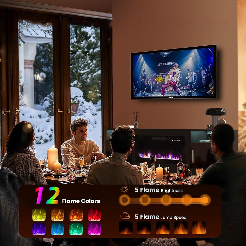 Fireplace TV Stand Entertainment Center with 36" Fireplace, 70" Wooden TV Stand for TVs Up to 80",Media TV Console with High Gloss Storage Cabinet and 16 Colors LED Lights (White)💋